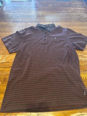 Volcom Men’s Striped Polo Shirt in Dark Brown with Red Stripes
